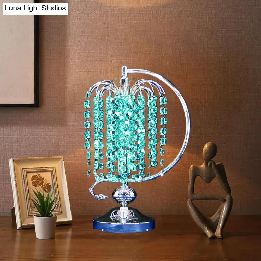 Vintage Crystal Table Lamp: 1-Head Drooping Tassel Night Light in Retro Pink/Yellow/Blue, Polished Chrome C Arm
