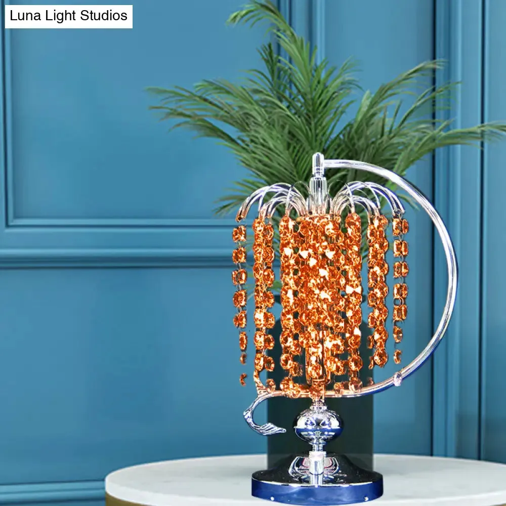Vintage Crystal Table Lamp: 1-Head Drooping Tassel Night Light in Retro Pink/Yellow/Blue, Polished Chrome C Arm