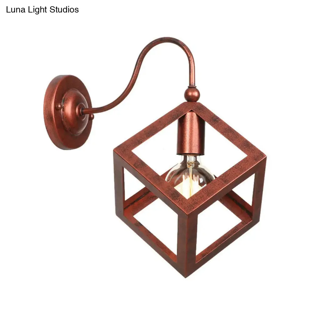 Vintage Metal Wall Sconce with Gooseneck Arm & Black/Rust Finish - Cube Cage Bedroom Lighting