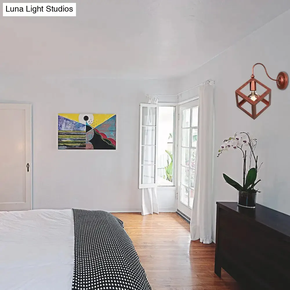 Vintage Metal Wall Sconce with Gooseneck Arm & Black/Rust Finish - Cube Cage Bedroom Lighting