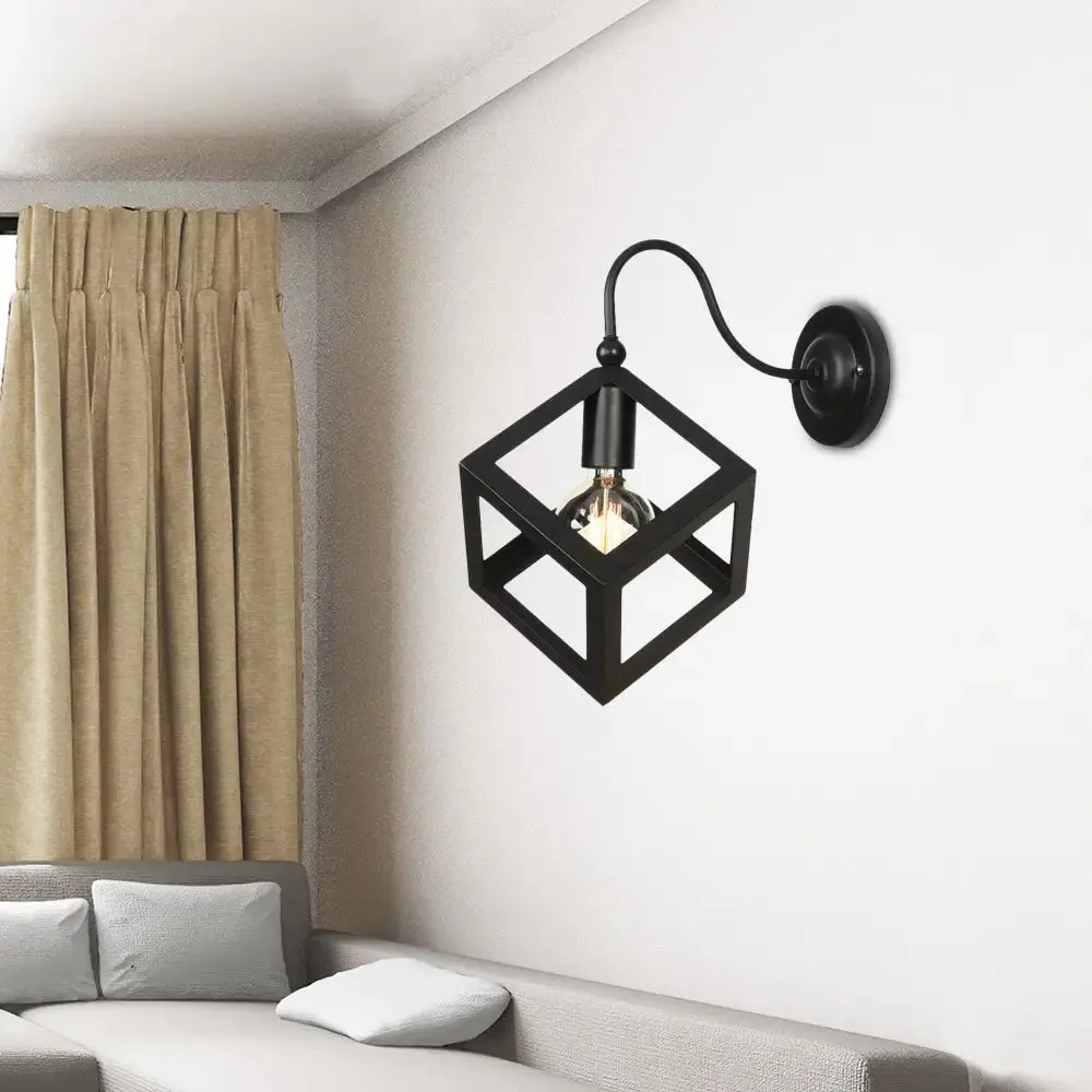 Vintage Metal Wall Sconce with Gooseneck Arm & Black/Rust Finish - Cube Cage Bedroom Lighting