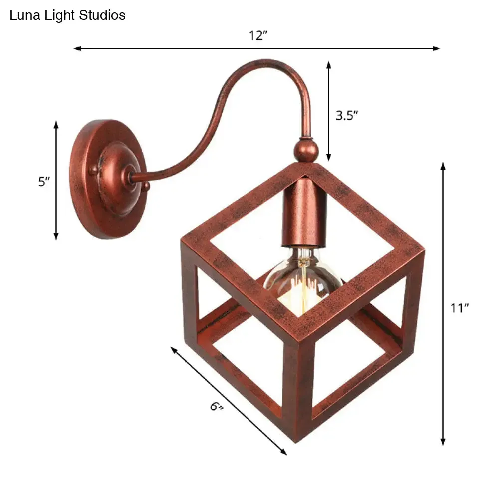 Vintage Metal Wall Sconce with Gooseneck Arm & Black/Rust Finish - Cube Cage Bedroom Lighting