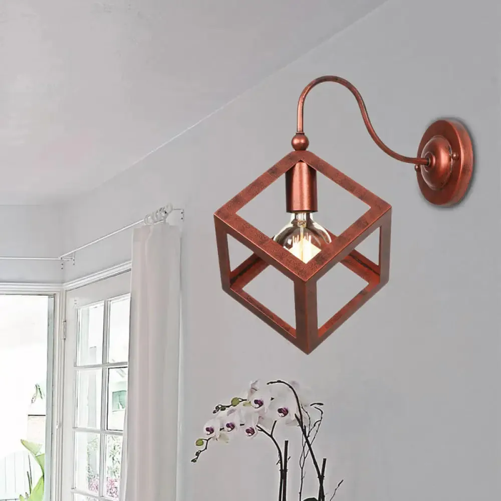 Vintage Metal Wall Sconce with Gooseneck Arm & Black/Rust Finish - Cube Cage Bedroom Lighting