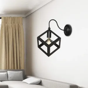 Vintage Metal Wall Sconce with Gooseneck Arm & Black/Rust Finish - Cube Cage Bedroom Lighting