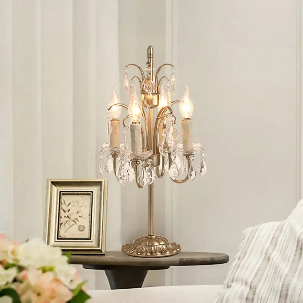 Vintage Metallic Nightstand Lamp with Hanging Crystal - 4 Bulb Table Light for Living Room