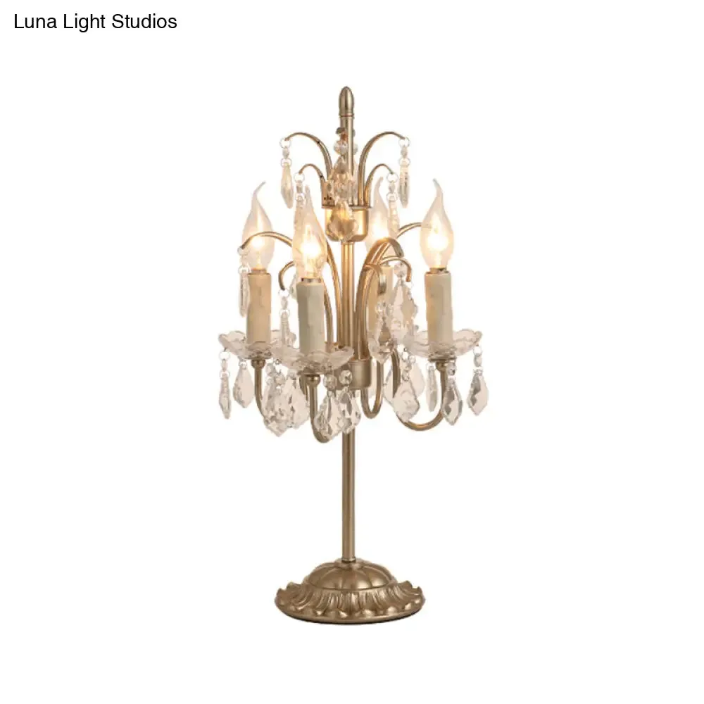 Vintage Metallic Nightstand Lamp with Hanging Crystal - 4 Bulb Table Light for Living Room