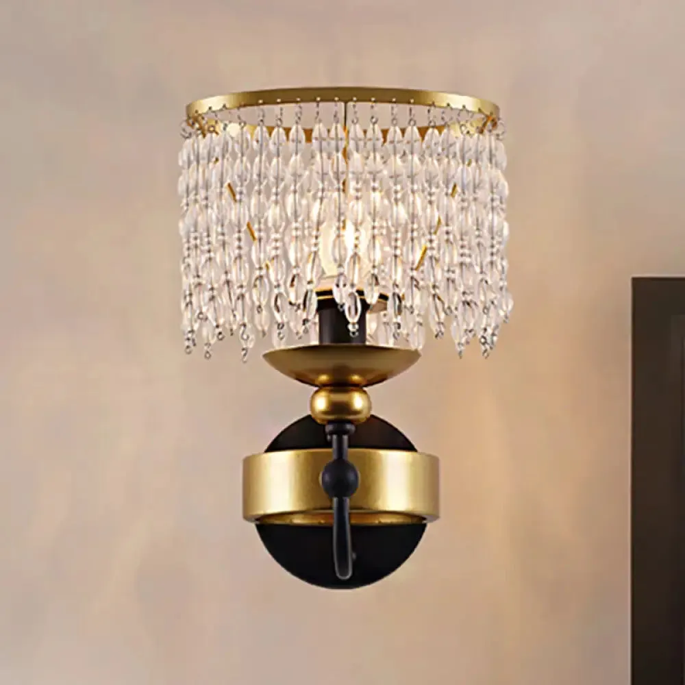 Vintage Metallic Ring Wall Lamp with Crystal Beaded Strand - 1 Bulb Brass Bedside Lighting