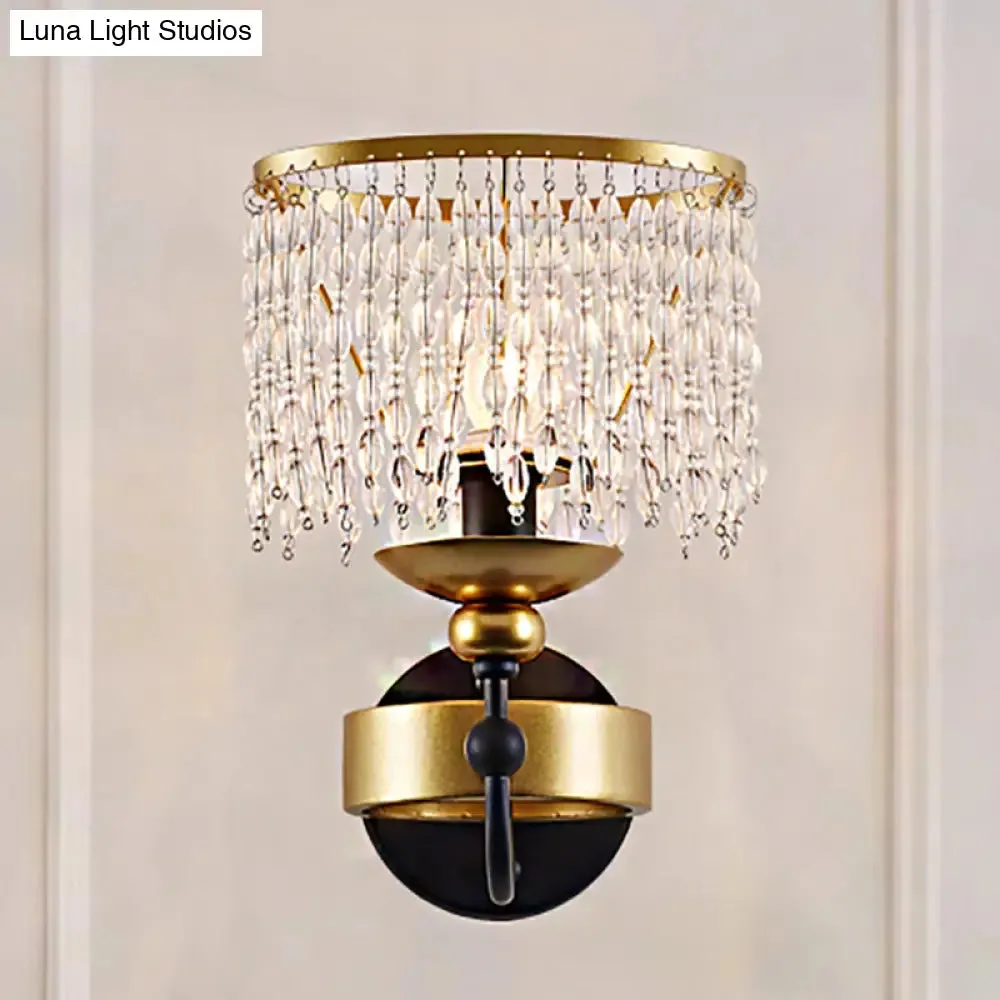 Vintage Metallic Ring Wall Lamp with Crystal Beaded Strand - 1 Bulb Brass Bedside Lighting