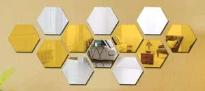 Wall1ders 12, Hexagon Mirror Stickers for Wall, Mirror Stickers for Wall, Acrylic Stickers, Wall Mirror Stickers, Wall Stickers for Bedroom, Hall, Home Offices (6 Silver, 6 Golden)