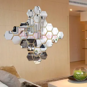 Wall1ders 30 Hexagon, Silver with 10 Butterflies, Mirror Stickers for Wall, Acrylic Stickers, Wall Mirror Stickers, Wall Stickers for Bedroom, Hall, Home Offices, Acrylic Stickers,