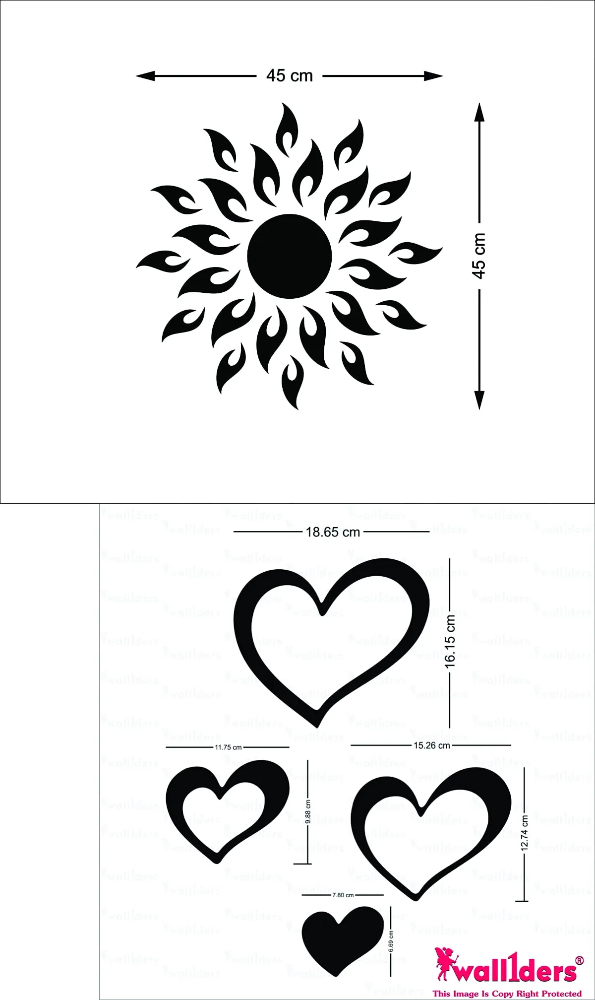 Wall1ders Sun Blue with Love Heart Blue 2 Set (Sun Size 45 cm x 45 cm), Mirror Stickers for Wall, Acrylic Stickers, Wall Mirror Stickers, Wall Stickers for Bedroom, Hall, Home Offices