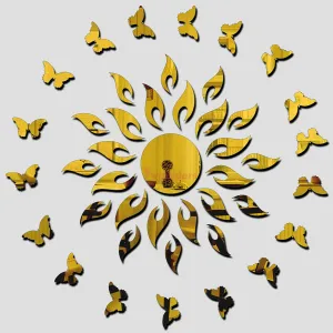 Wall1ders Sun Golden with 20 Butterfly (Sun Size 45 cm x 45 cm), Mirror Stickers for Wall, Acrylic Stickers, Wall Mirror Stickers, Wall Stickers for Bedroom, Hall, Home Offices