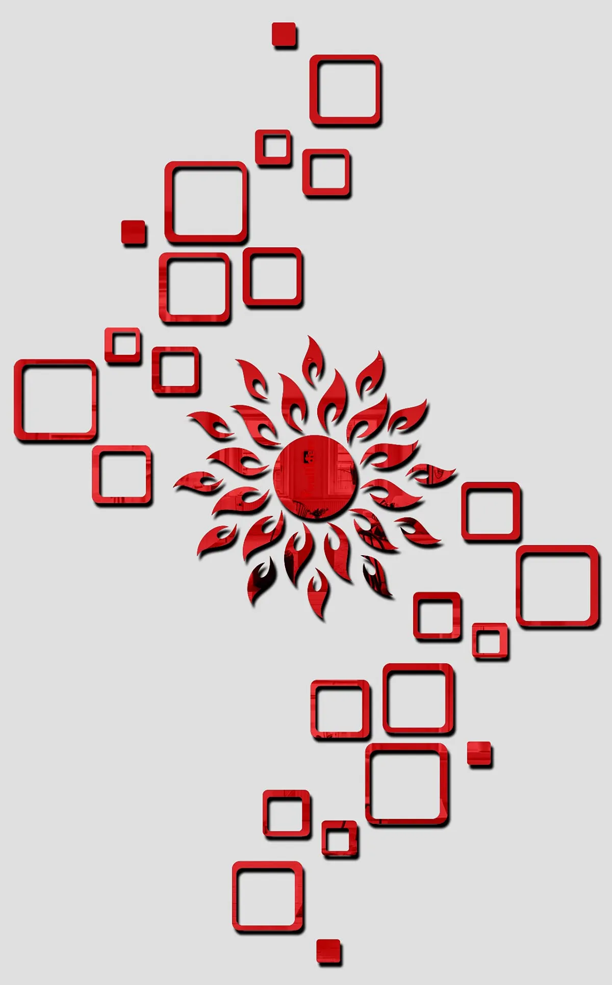 Wall1ders Sun Red with 24 Square Red (Sun Size 45 cm x 45 cm), Mirror Stickers for Wall, Acrylic Stickers, Wall Mirror Stickers, Wall Stickers for Bedroom, Hall, Home Offices