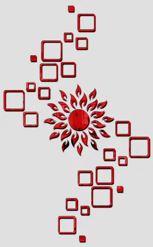 Wall1ders Sun Red with 24 Square Red (Sun Size 45 cm x 45 cm), Mirror Stickers for Wall, Acrylic Stickers, Wall Mirror Stickers, Wall Stickers for Bedroom, Hall, Home Offices