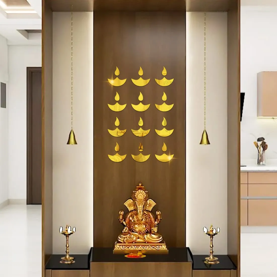 WallWear Plastic Finish Acrylic Sticker | 3D Decorative Mirror Wall Sticker | Flexible Sticker (12 Diye Gold) Mirror for Wall