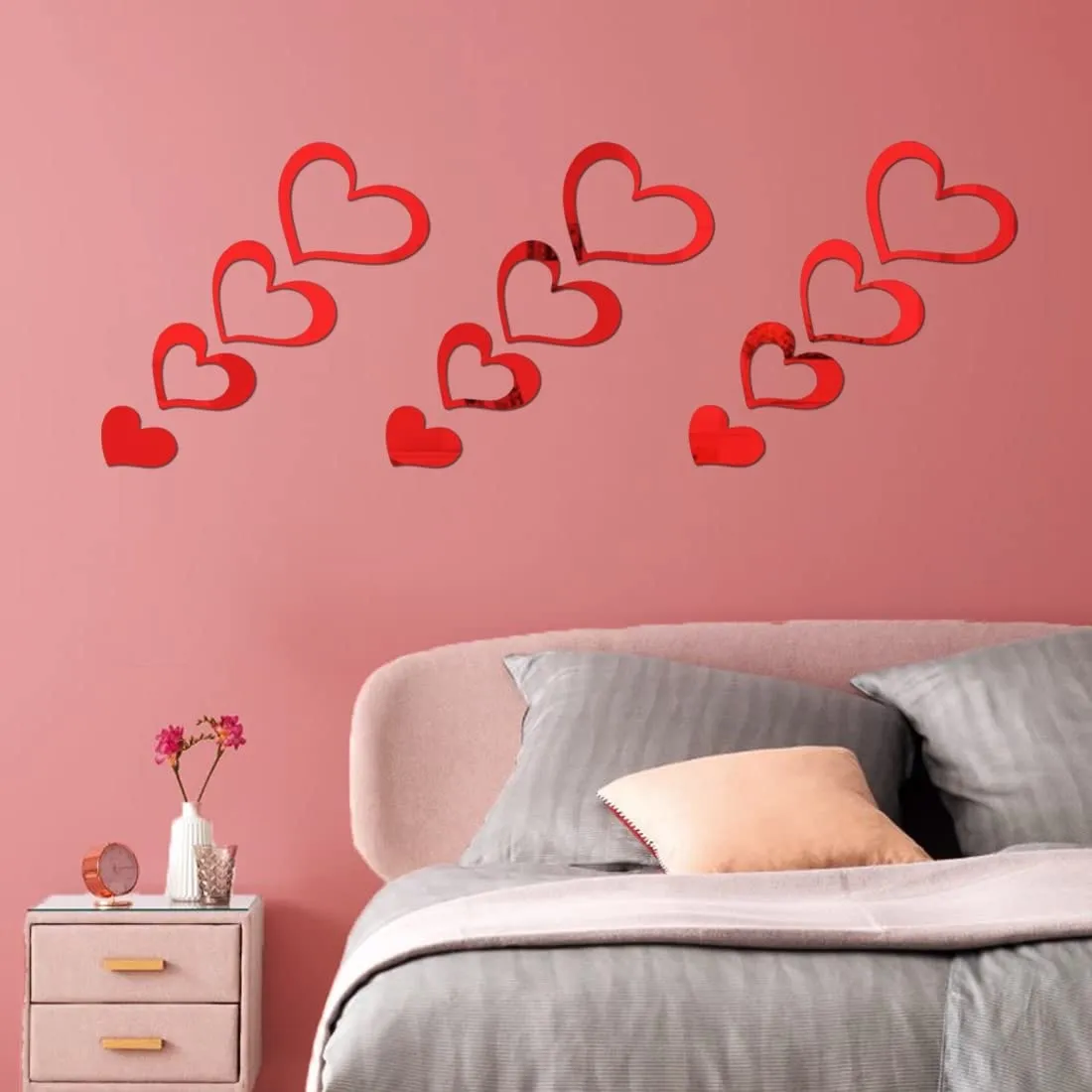 WallWear Plastic Finish Acrylic Sticker | 3D Decorative Mirror Wall Sticker | Flexible Sticker (12 Love Heart Red) Wall Stickers for Bedroom, Hall, Home Offices, Living Room Etc.