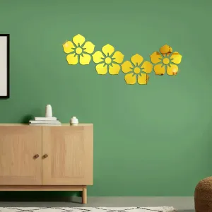 WallWear Plastic Finish Acrylic Sticker | 3D Decorative Mirror Wall Sticker | Flexible Sticker (4 Flower Gold) Mirror for Wall