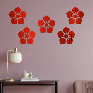 WallWear Plastic Finish Acrylic Sticker | 3D Decorative Mirror Wall Sticker | Flexible Sticker (5 Flower Red) Mirror for Wall