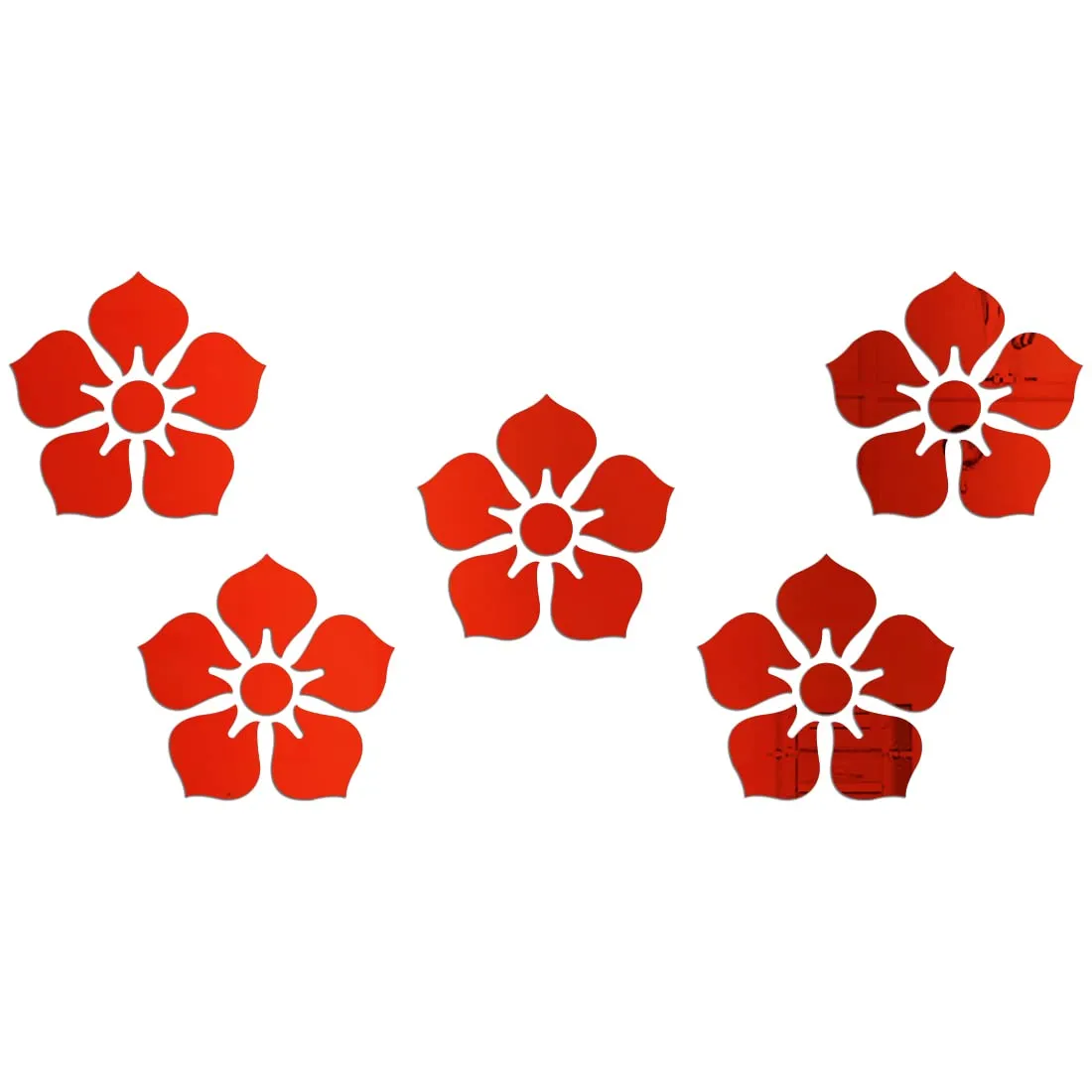 WallWear Plastic Finish Acrylic Sticker | 3D Decorative Mirror Wall Sticker | Flexible Sticker (5 Flower Red) Mirror for Wall