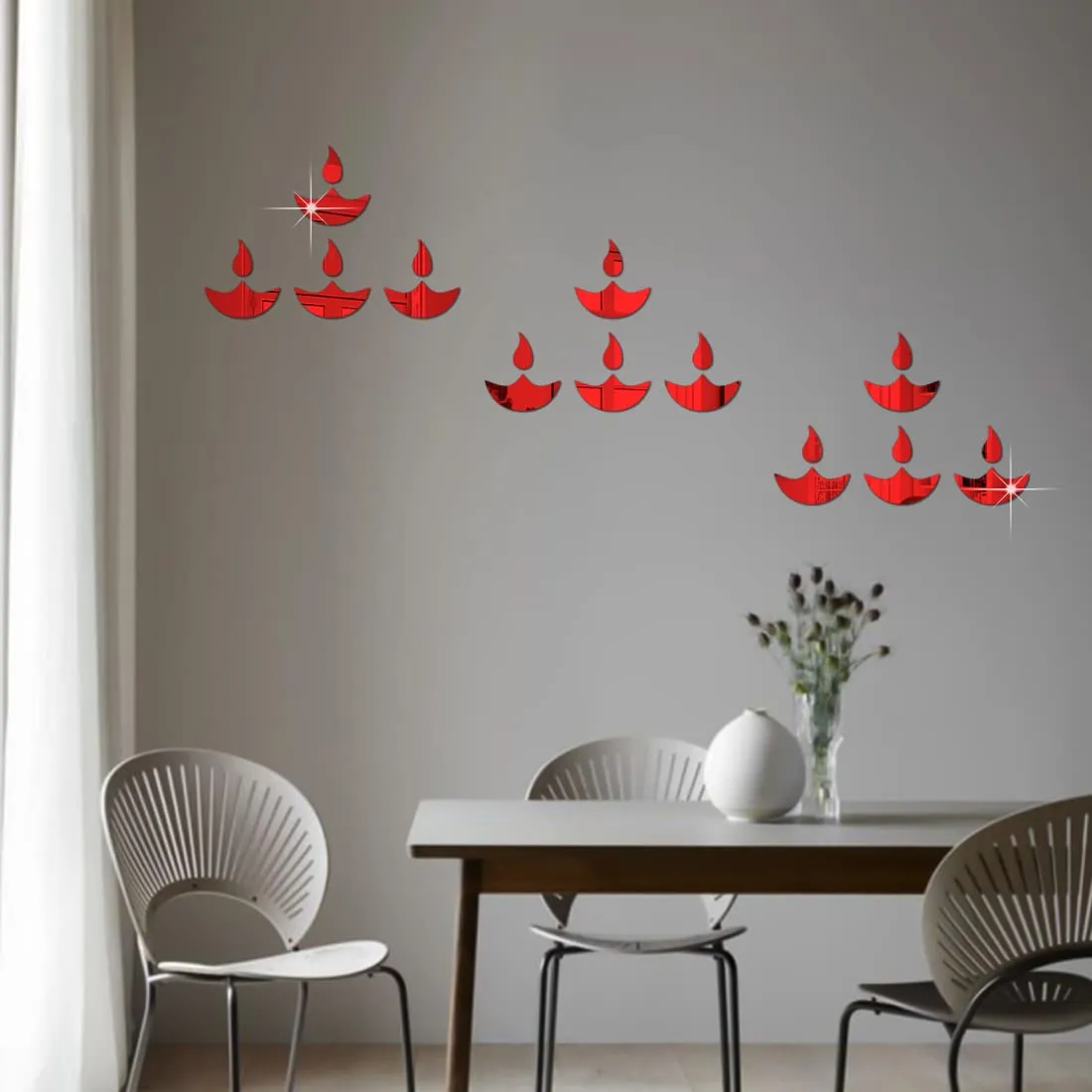 WallWear Plastic Finish Acrylic Sticker | 3D Decorative Mirror Wall Sticker | Flexible Sticker (A-12 Diye Red) Mirror for Wall