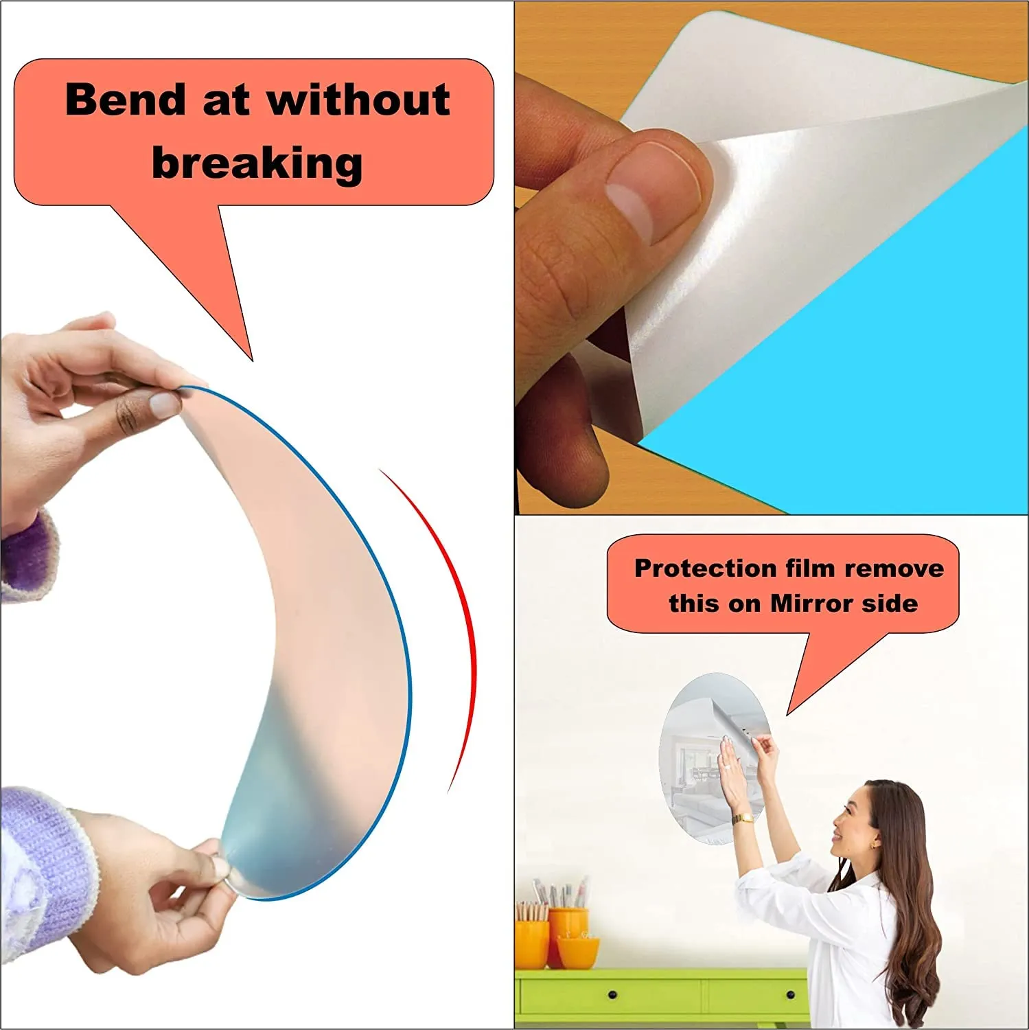 WallWear Self Adhesive Plastic Oval Mirror for Wall Stickers (30x20) cm Frameless Flexible Mirror for Bathroom | Bedroom | Living Room (NS| Four Huge Square) Mirror Wall Decor