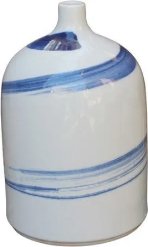 White Beauty Vase Blue Brushstrokes Spinning - Tall