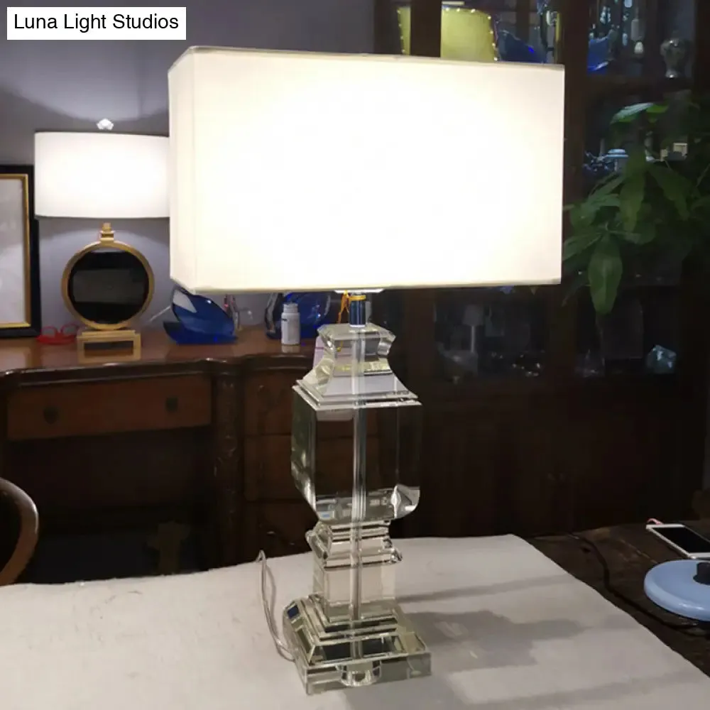 White Crystal Table Lamp - Modern Rectangle Design with Fabric Shade
