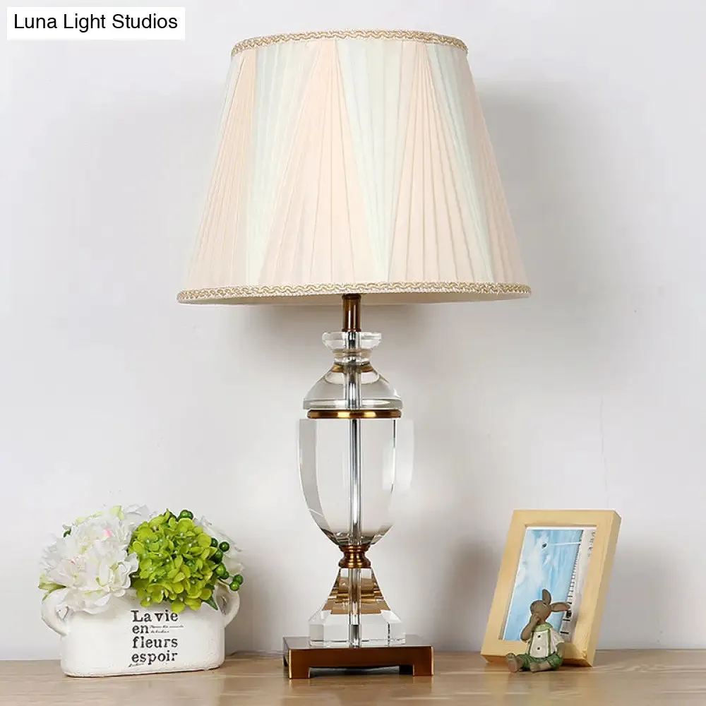 White Fabric Bedroom Nightstand Lamp with Crystal Base - Single Head Countryside Night Light