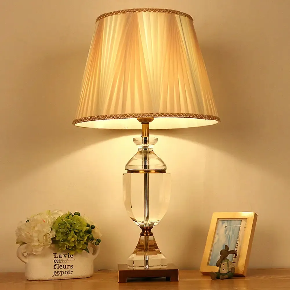 White Fabric Bedroom Nightstand Lamp with Crystal Base - Single Head Countryside Night Light