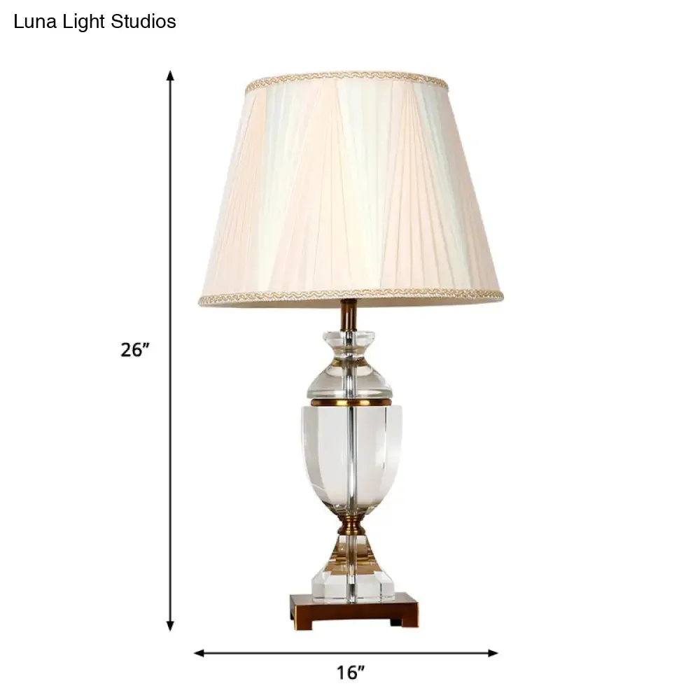 White Fabric Bedroom Nightstand Lamp with Crystal Base - Single Head Countryside Night Light