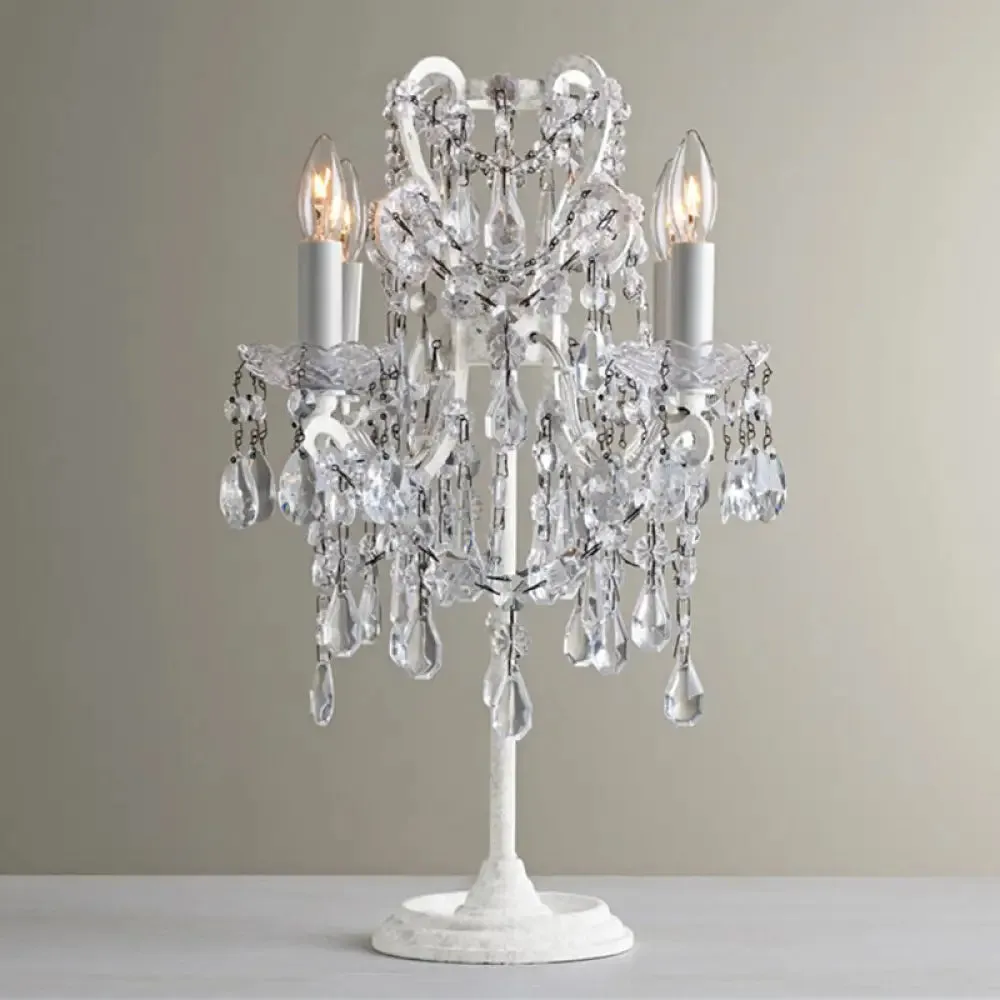 White Metal Table Lamp with Crystal Deco: Luxurious Style for Adult Bedroom