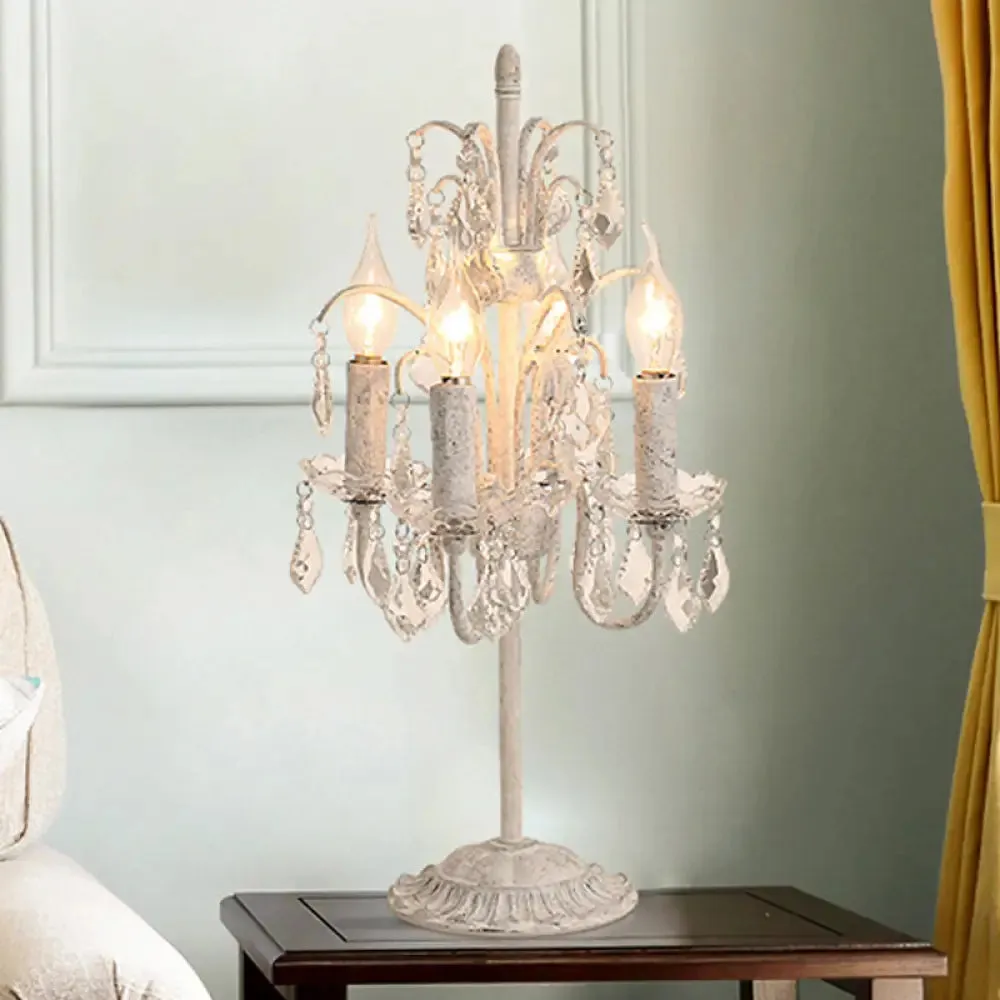 White Metal Table Lamp with Crystal Deco: Luxurious Style for Adult Bedroom