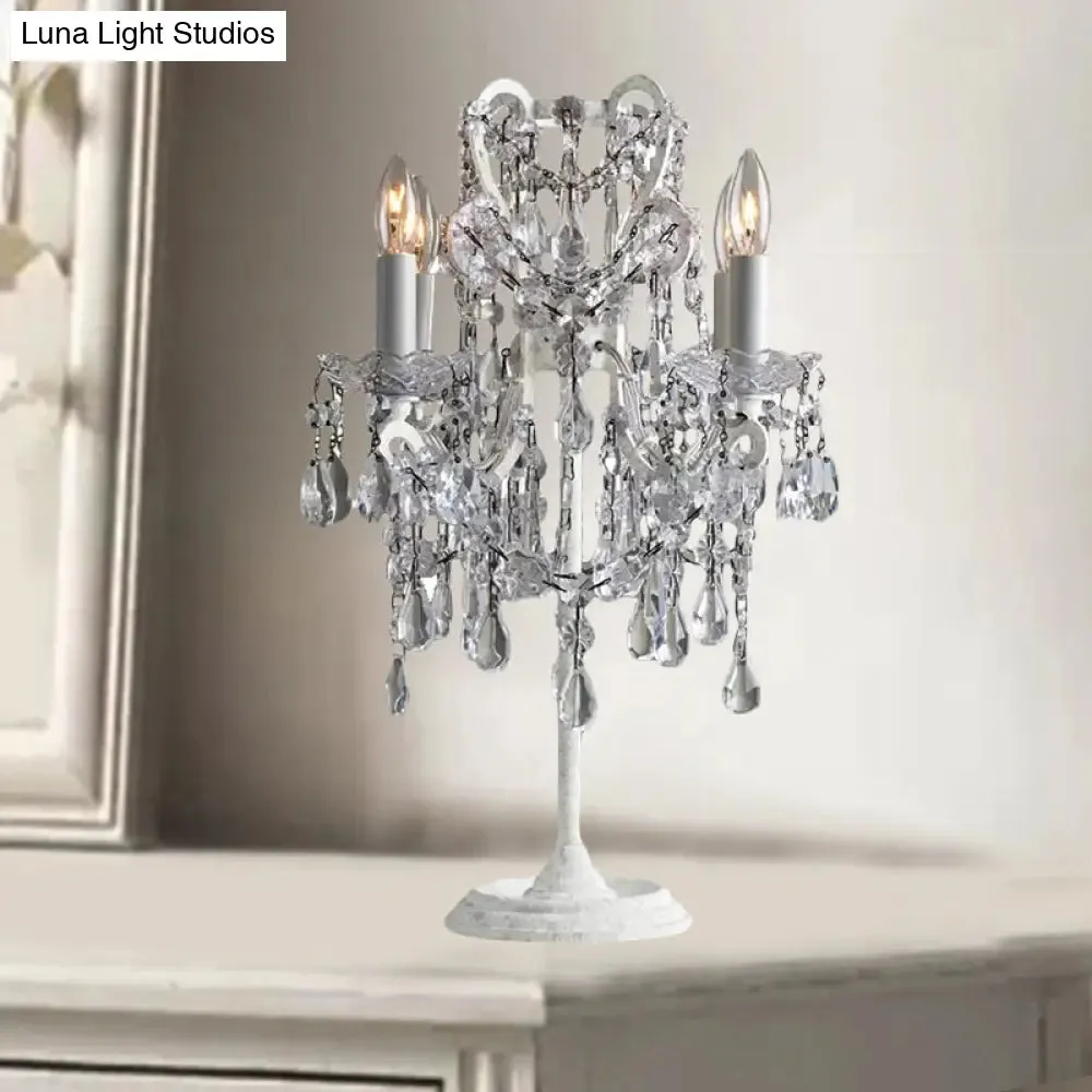 White Metal Table Lamp with Crystal Deco: Luxurious Style for Adult Bedroom