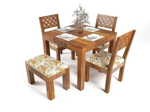 WiproWood Sheesham Wood CNC 4 Seater Dining Table with Chair and Bench | Four Seater Wooden Dining Room Set Dinner Table | Solid Wood Dining Room Sets for Living Room Home Restaurant |HoneyFinish