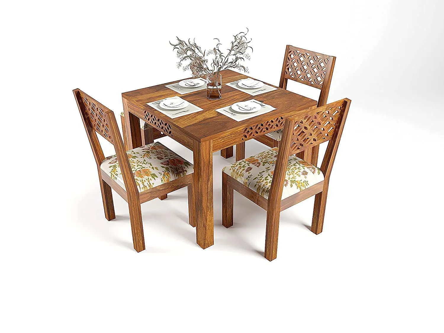 WiproWood Sheesham Wood CNC 4 Seater Dining Table with Chair and Bench | Four Seater Wooden Dining Room Set Dinner Table | Solid Wood Dining Room Sets for Living Room Home Restaurant |HoneyFinish